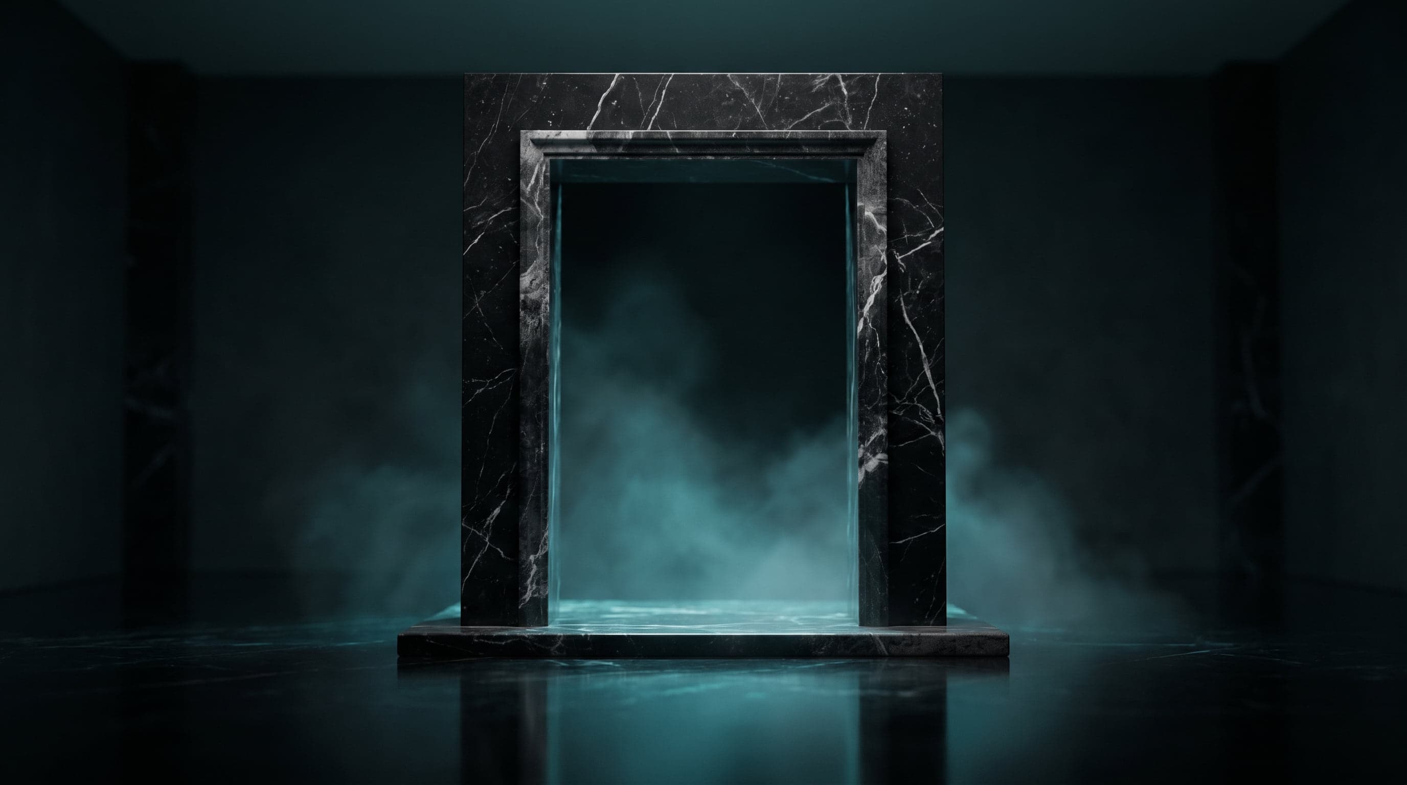 A tall marble doorway filled with soft teal light