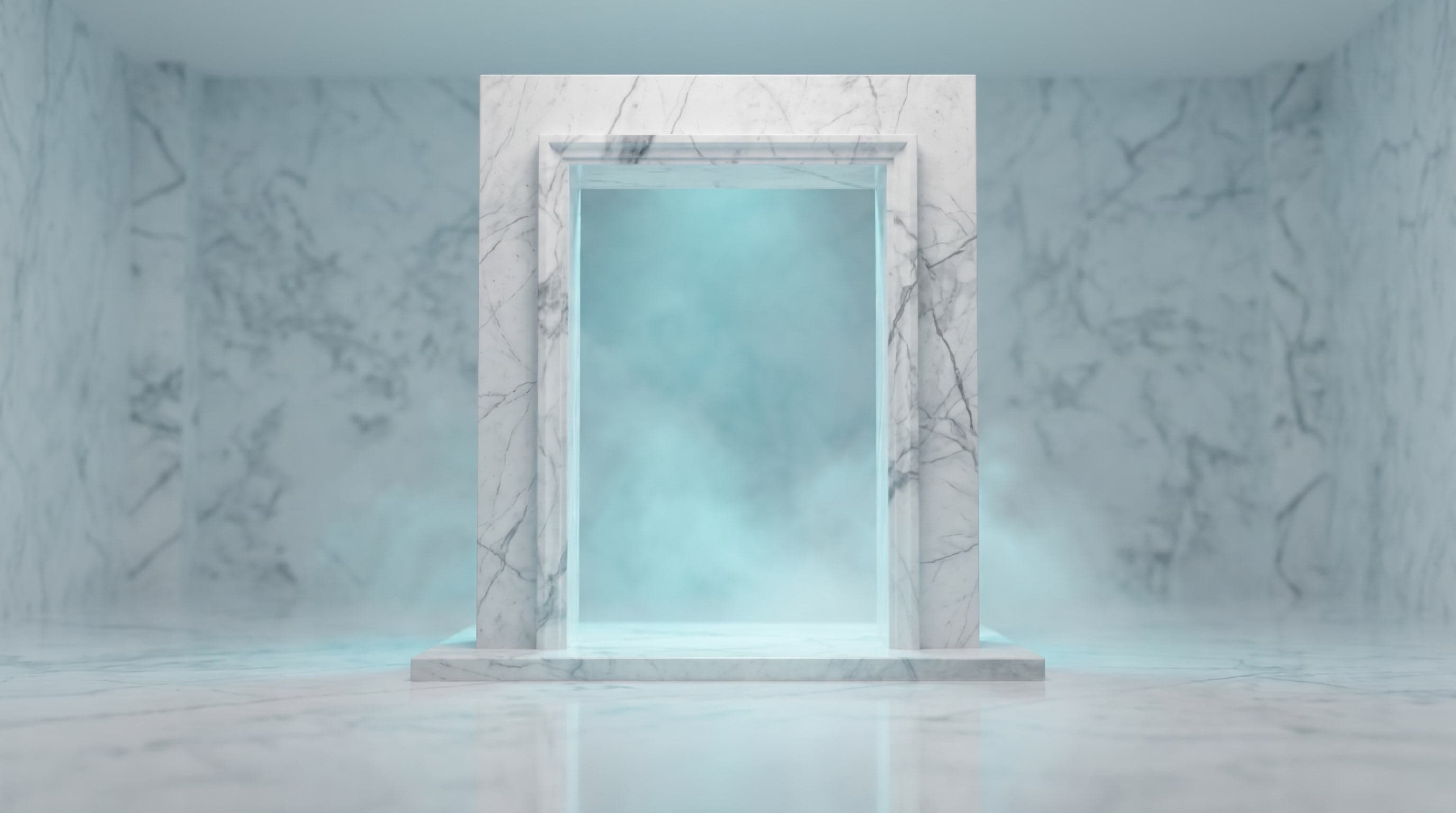 A tall marble doorway filled with soft teal light