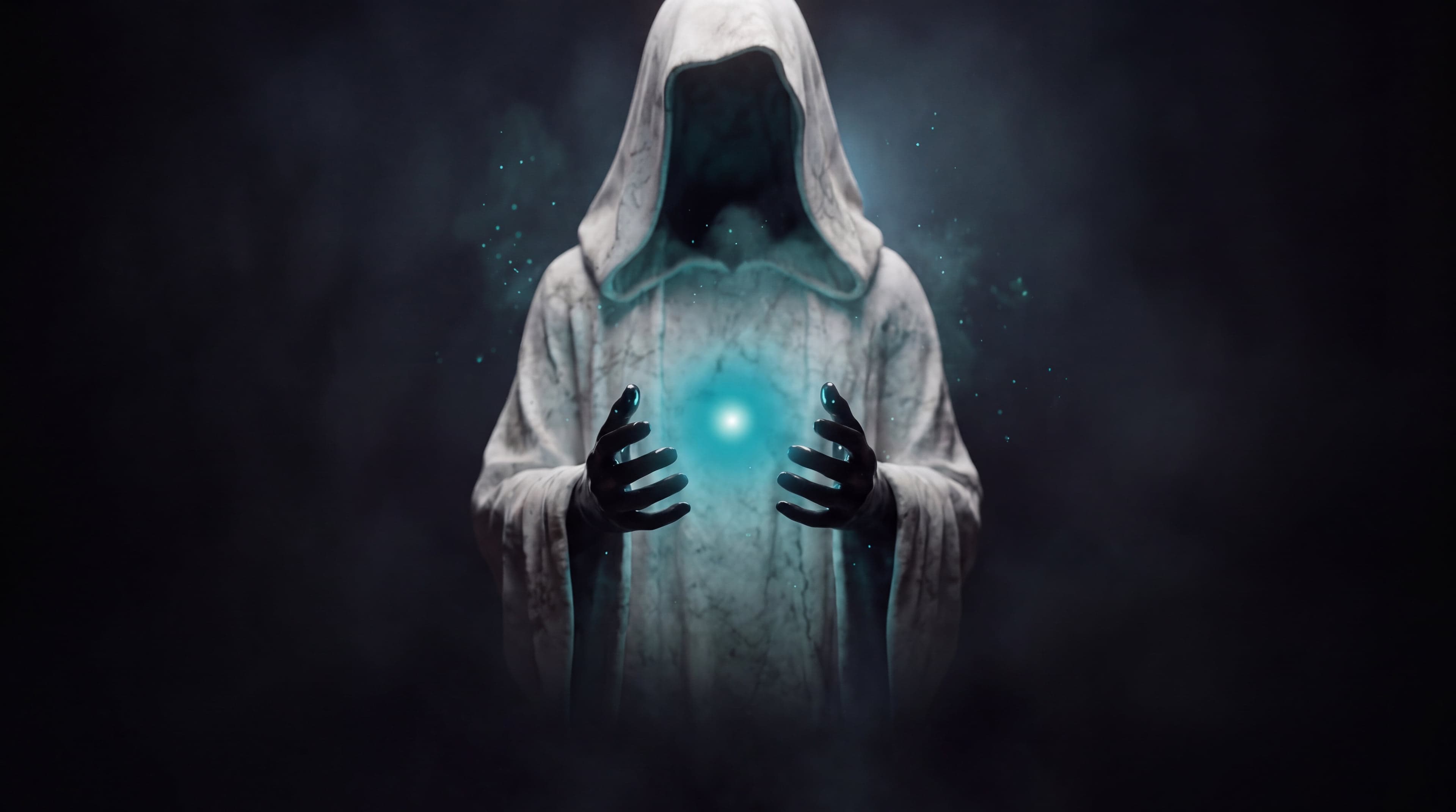 A hooded marble figure holding a sphere of teal light between two obsidian hands