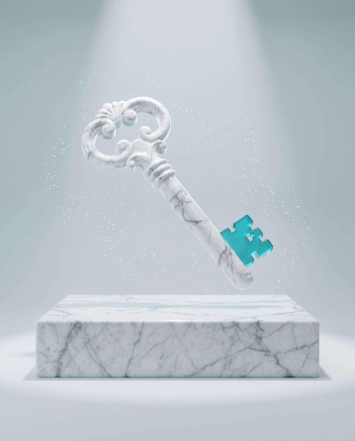 A marble key with teal glass teeth above a plinth