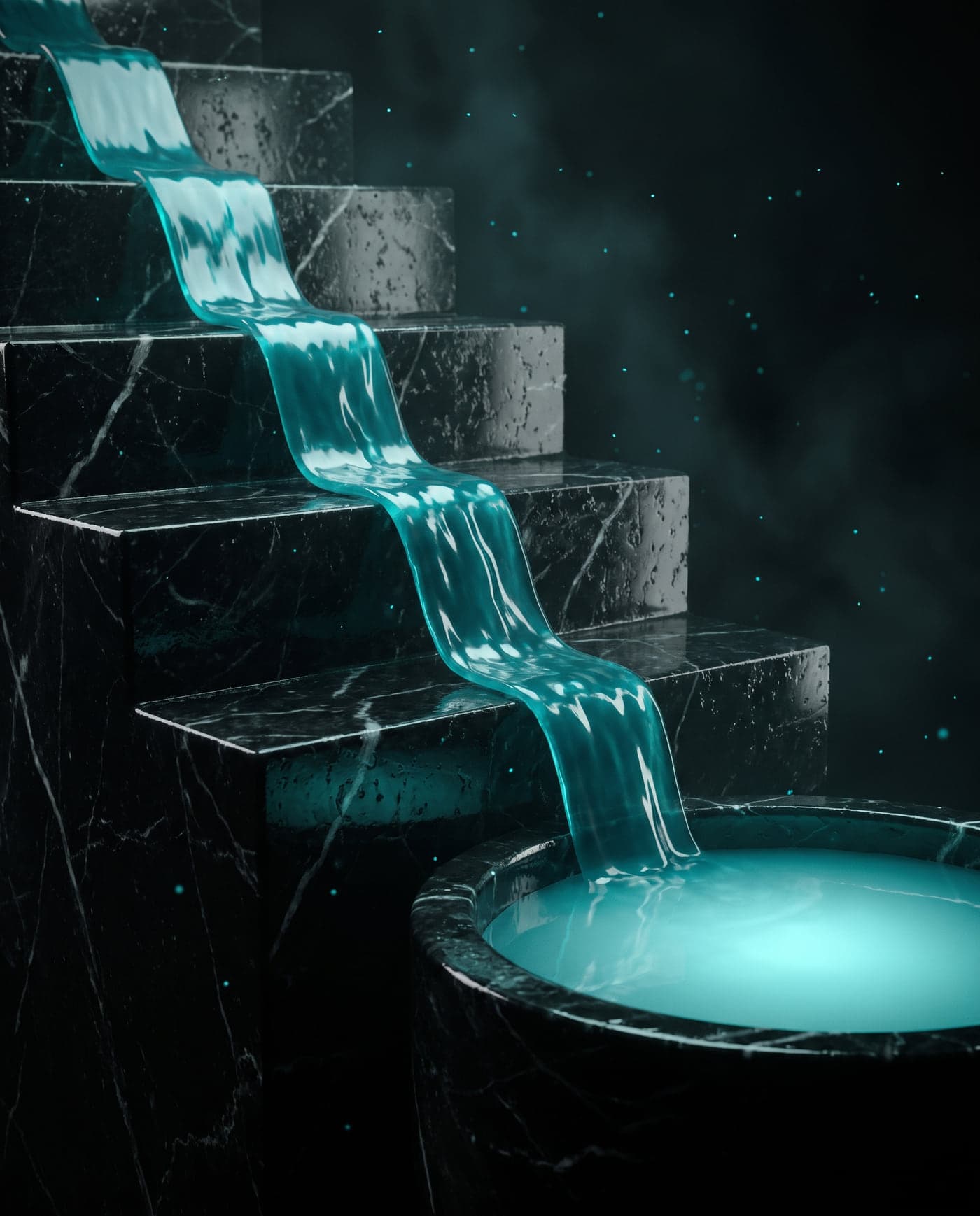 Teal light pouring down marble steps into a basin