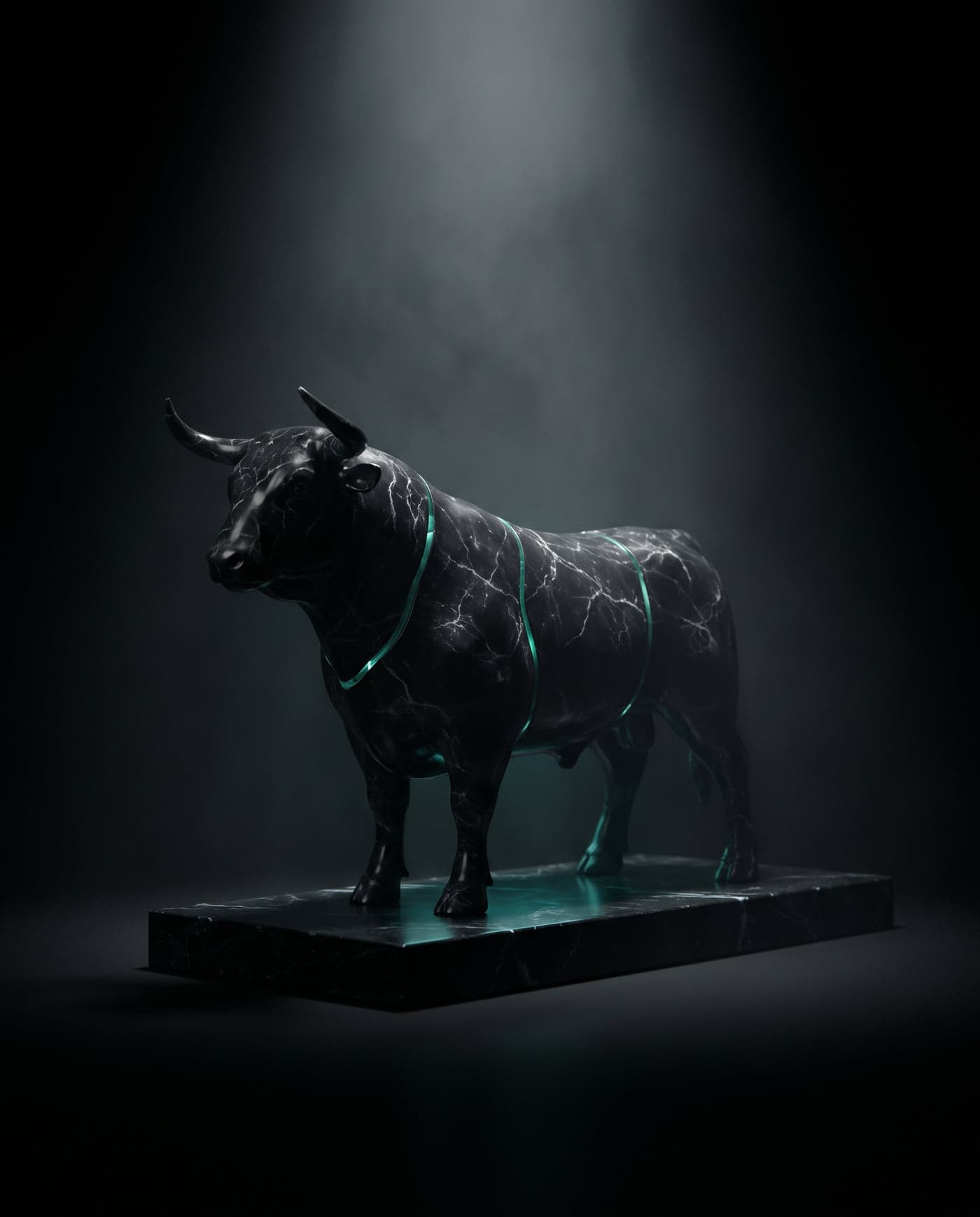 A marble bull on a plinth with seams of teal glass