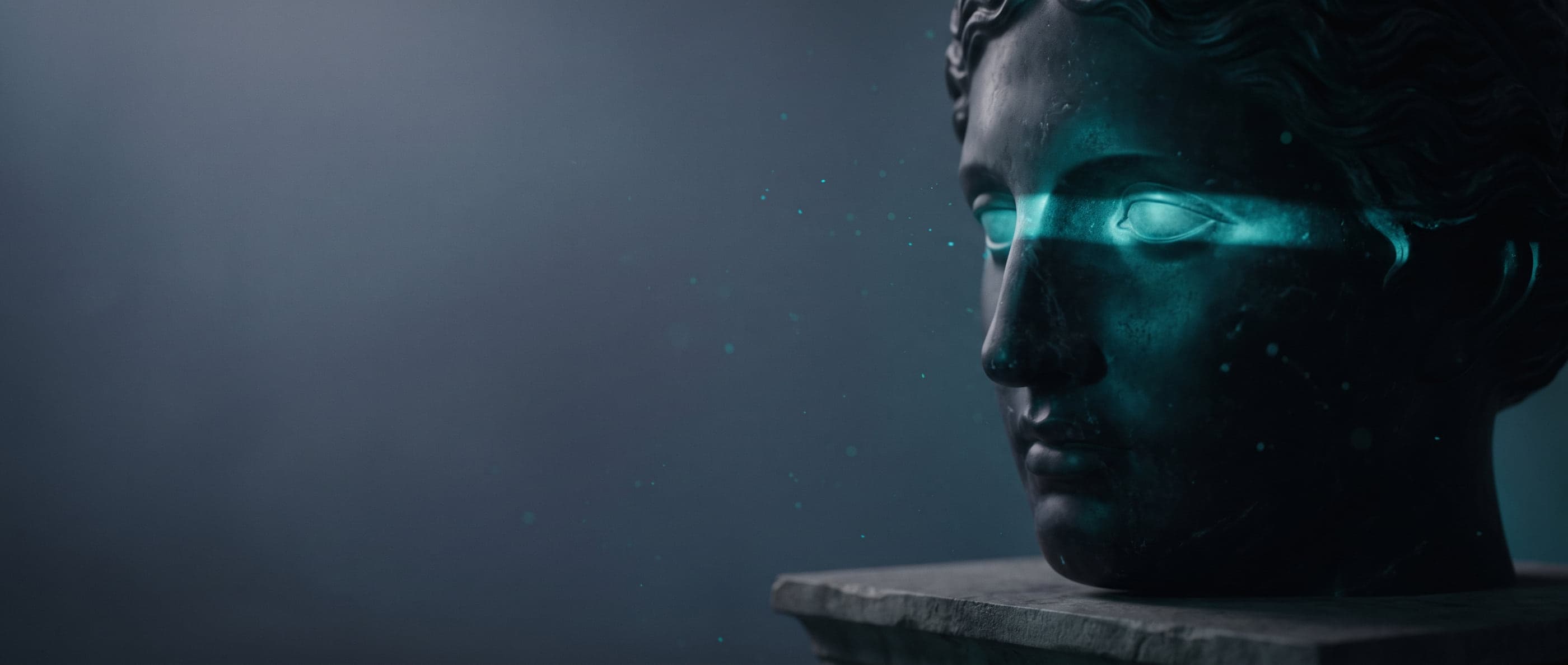 A marble statue head in profile with a band of teal light across the eyes
