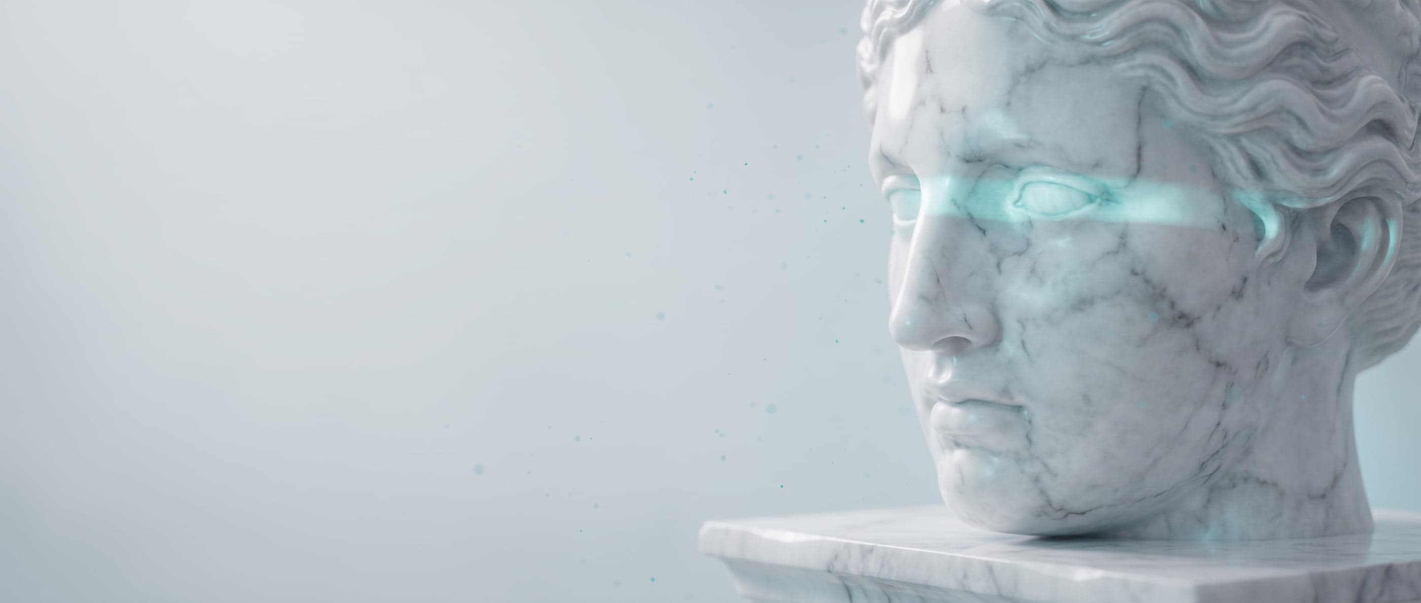 A marble statue head in profile with a band of teal light across the eyes